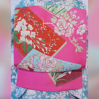 ピンク　花の本　染め帯