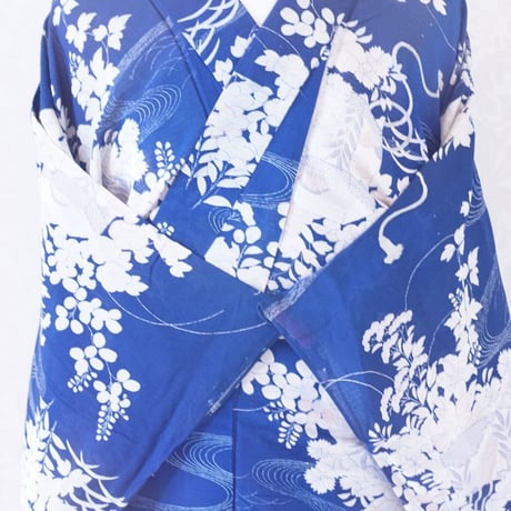 濃い青　貝桶　夏草　アンティーク絽着物
