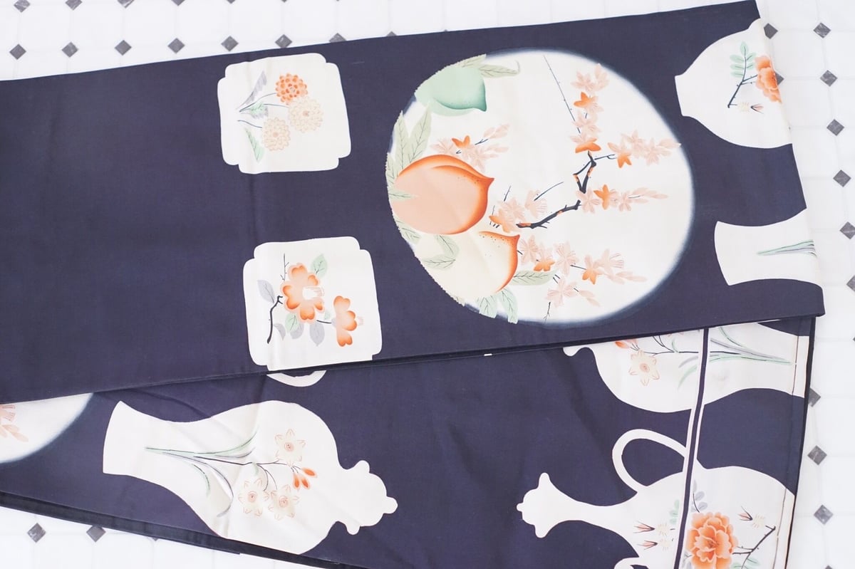 【新品未使用品 昼夜帯】 昼夜帯 黒繻子 桃 壺中天 アンティーク | 凍蝶