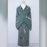 緑青色　矢羽根　袷小紋　アンティーク