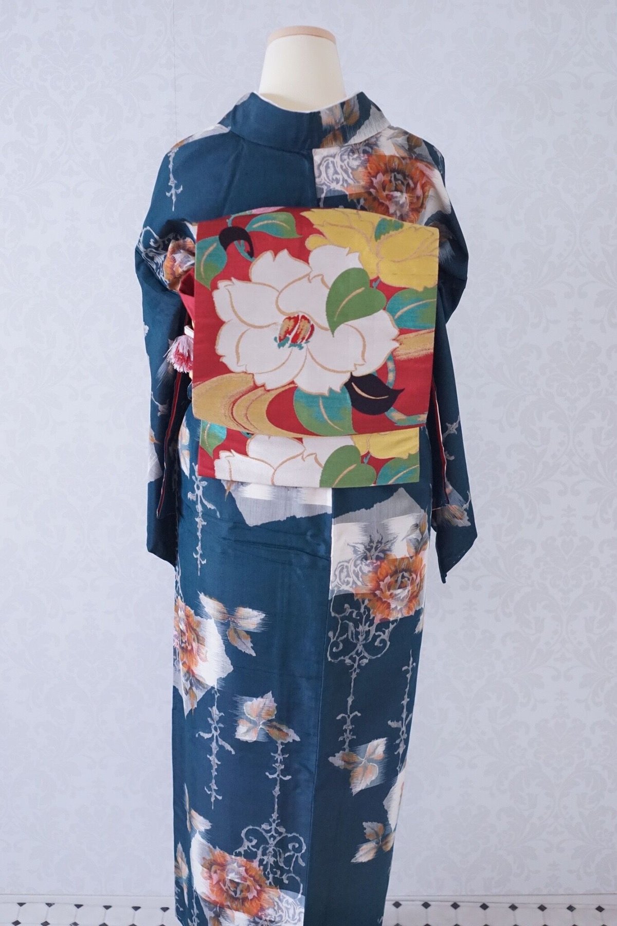 深緑 銘仙 薔薇 洋柄 アンティーク | 凍蝶