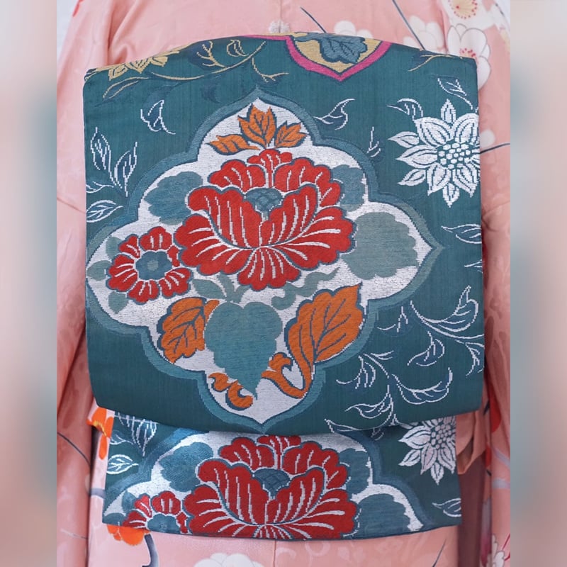 ピーコックブルー 花柄 織帯 | 凍蝶