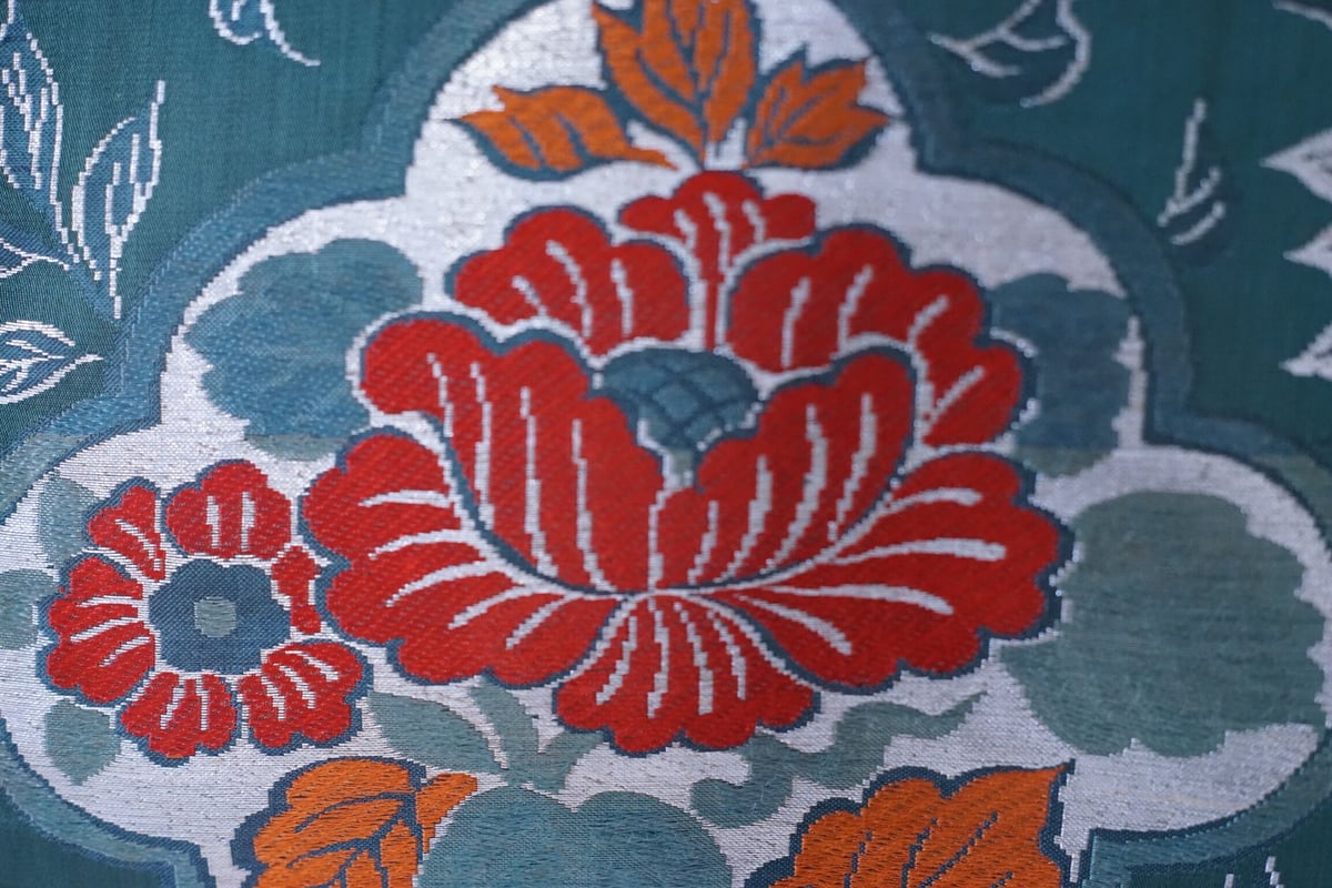 ピーコックブルー 花柄 織帯 | 凍蝶