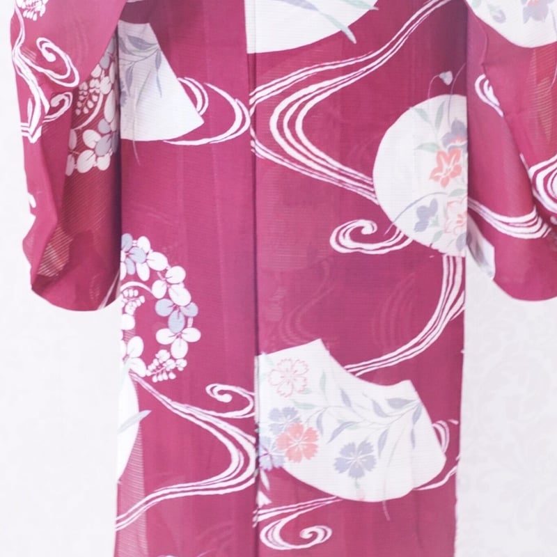 赤 うちわ柄 夏草 アンティーク絽着物 | 凍蝶