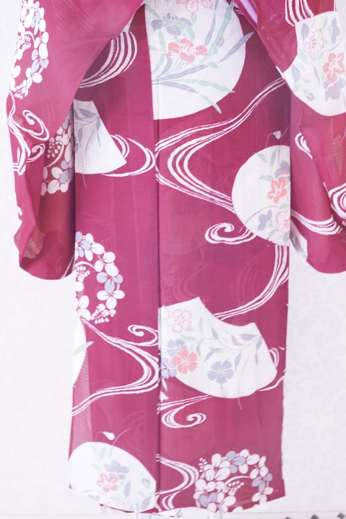 赤 うちわ柄 夏草 アンティーク絽着物 | 凍蝶