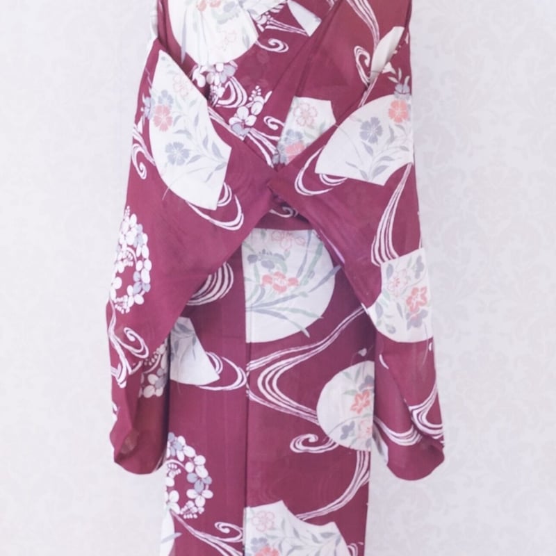 赤 うちわ柄 夏草 アンティーク絽着物 | 凍蝶