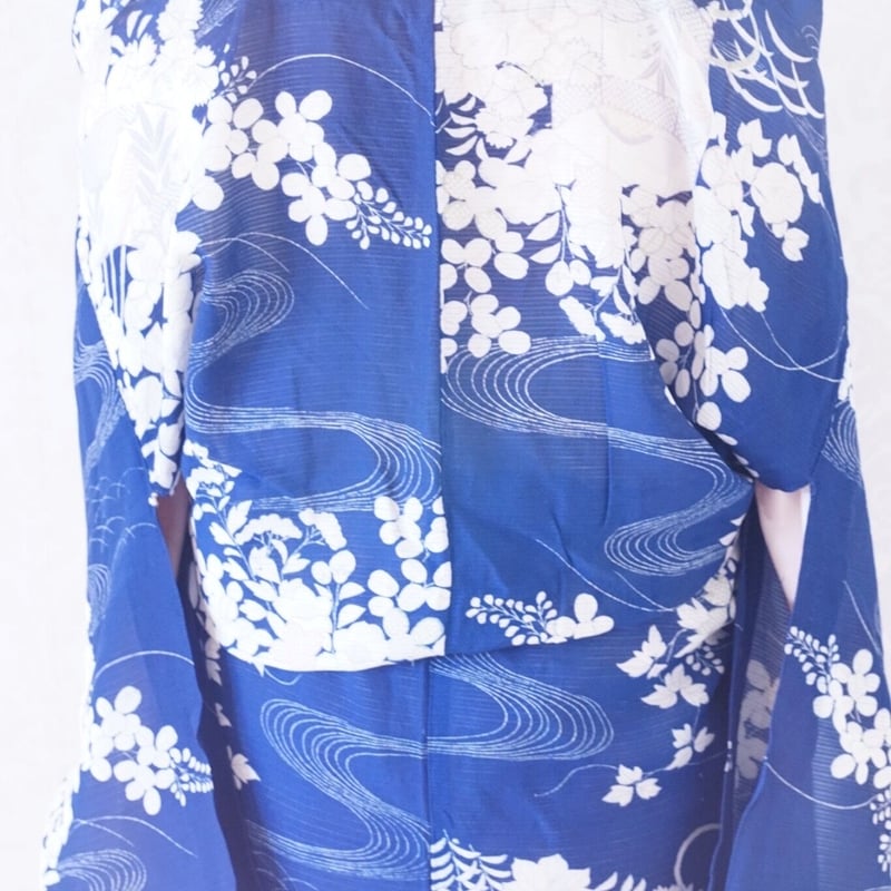 濃い青 貝桶 夏草 アンティーク絽着物 | 凍蝶