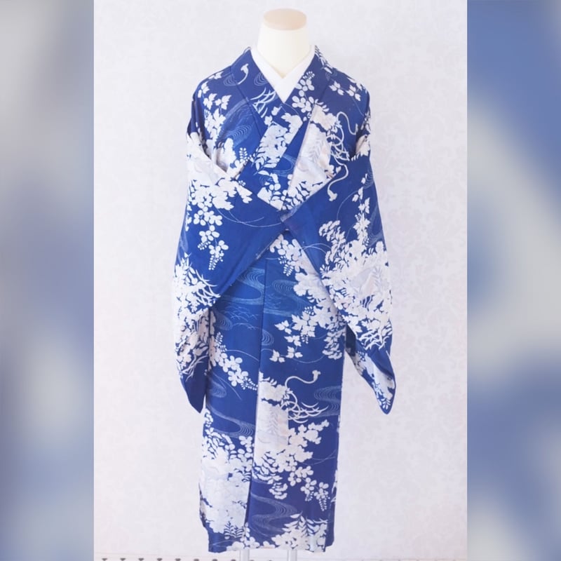 絽織 アンティーク 夏着物 藍色 デザインが素敵 着物 U-6253 絽織 アンティーク 夏着物 藍色 デザインが素敵 着物 U-6253
