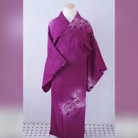 赤紫　花柄　ぼかし　アンティーク着物