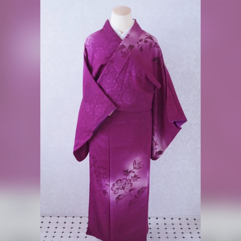 夏着物 正絹 銀糸 赤紫 チェック アンティーク 着物 A-2422 アンティーク着物 | kimono tento