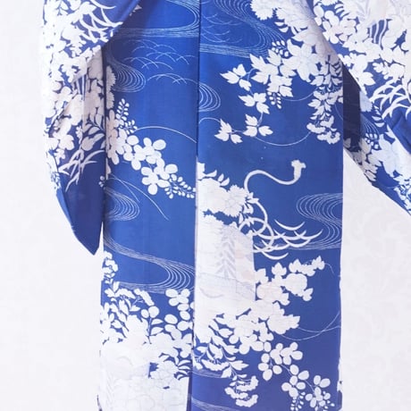 濃い青　貝桶　夏草　アンティーク絽着物