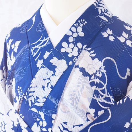 濃い青　貝桶　夏草　アンティーク絽着物