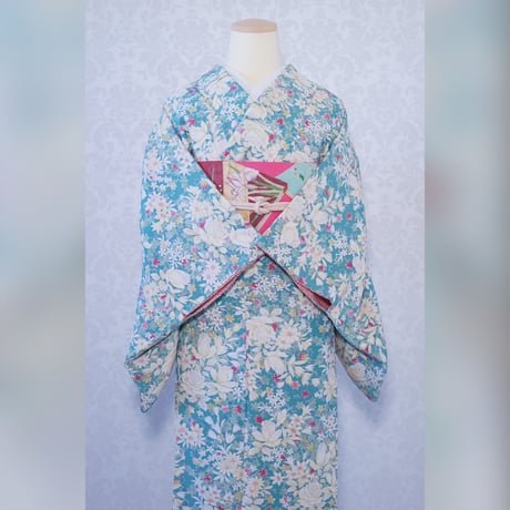 乙女チック　薔薇の園　レトロ　袷着物
