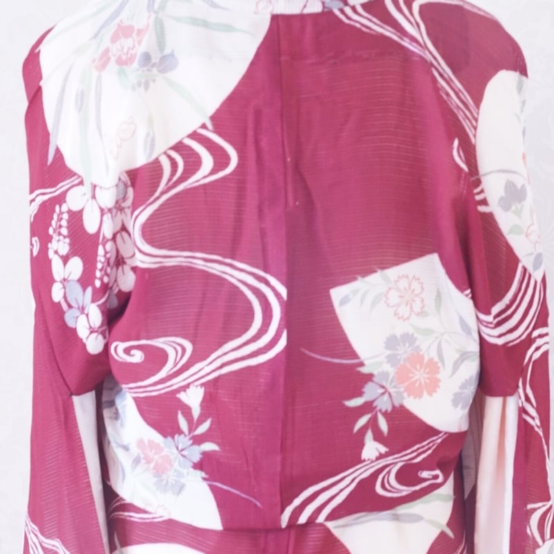 赤 うちわ柄 夏草 アンティーク絽着物 | 凍蝶