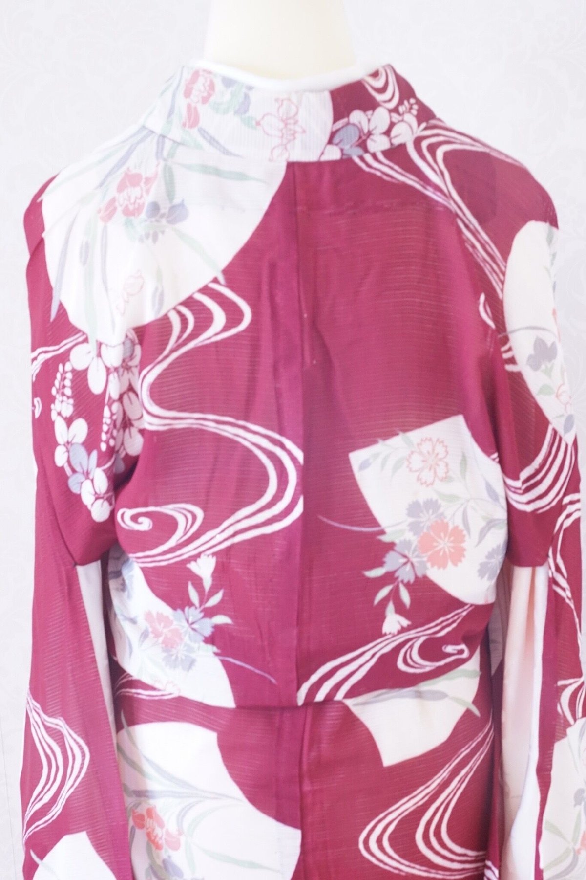 赤 うちわ柄 夏草 アンティーク絽着物 | 凍蝶