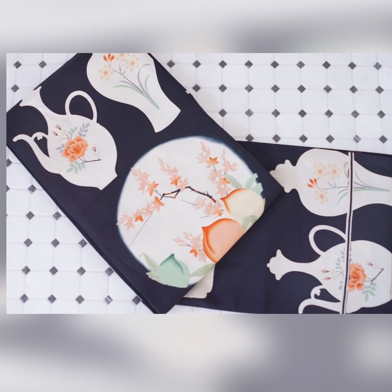 昼夜帯 黒繻子 桃 壺中天 アンティーク | 凍蝶