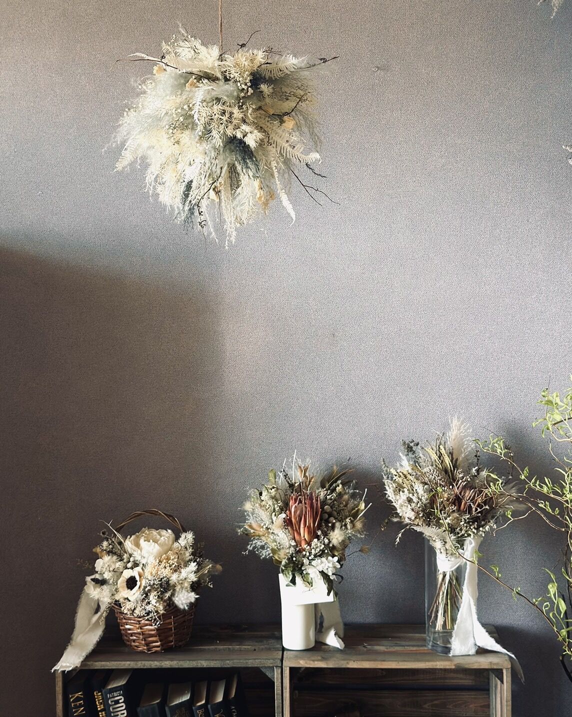 お得なセット ミモザとアンティーク紫陽花のリース＆スワッグセット 春