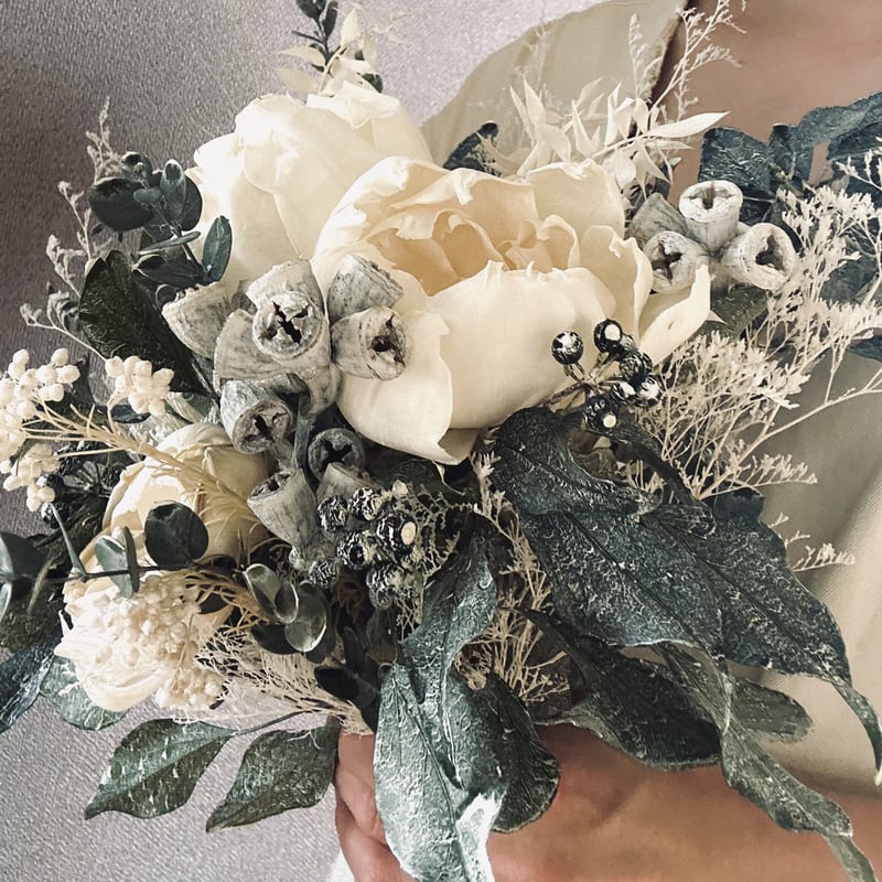 ウェディングブーケ】ウォッシュホワイトグリーン | ドライ