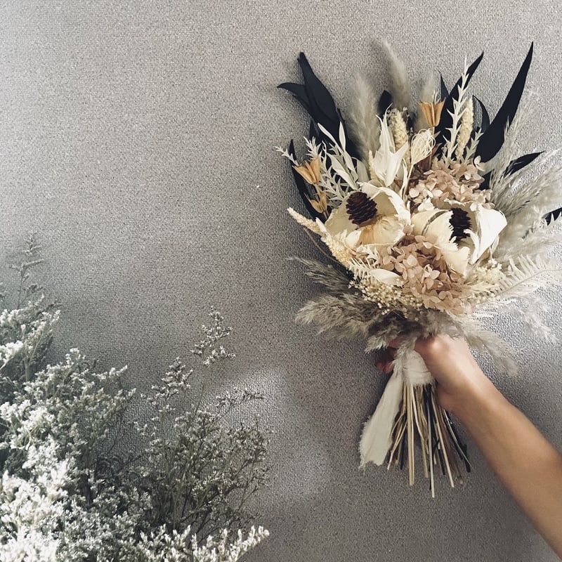 ドライフラワーブライダルブーケ ホワイトグリーン パームフラワー