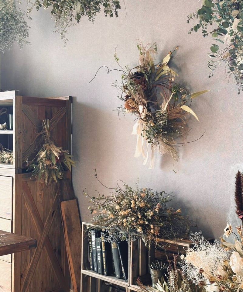 ドライフラワーリース】グリーンのあるインテリア 森林浴リース