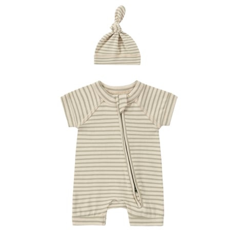 [ SET ] Organic Zip Growsuit SS/S + Organic Knotted Hat [ Sage Stripes ] / SUSUKOSHI