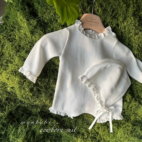 Waffle Rompers & Bonnet Set / monbebe [退院着 新生児 ベビー服 モンベベ]