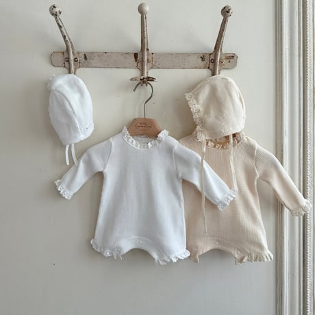 Waffle Rompers & Bonnet Set / monbebe [退院着 新生児 ベビー服 モンベベ]