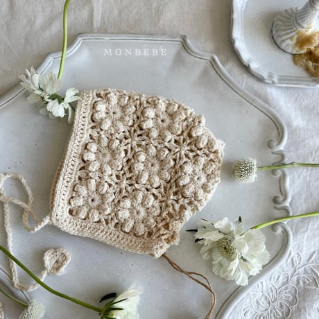 Handmade Knit Bonnet / monbebe  [ニットボンネット コットン 退院着 新生児 ベビー服 モンベベ]