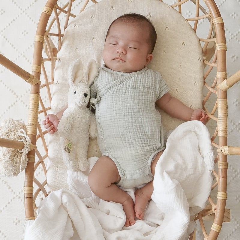 ラタン製ベビーベッド（バスケット・クーファン） Rattan Baby Basket with Pompom / Hippo + Birds