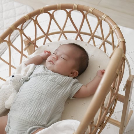 Rattan Baby Basket with Pompom / Hippo + Birds　[ラタン クーファン ベビーバスケット ベビー クーファン 赤ちゃん ]