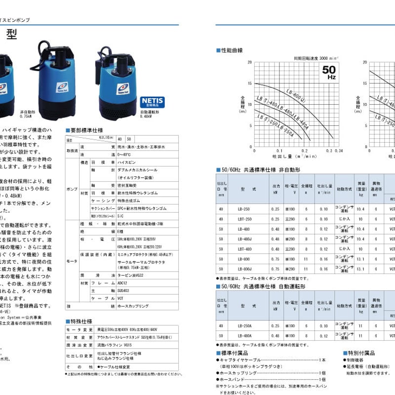 ツルミ一般工事排水用ハイスピンポンプ 型式 LB-480-62 単100V×0.48Kw 