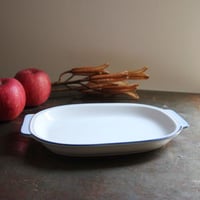 KEINAN 渓南陶器　持ち手付きオーバル皿　ブルーライン　25.5cm　STONEWARE（未使用長期保管品）