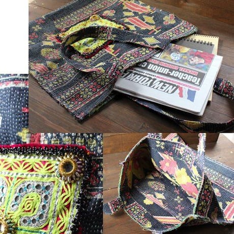 ヴィンテージ カンタ（ラリーキルト）トートバッグ　刺繍／ミラー装飾付き