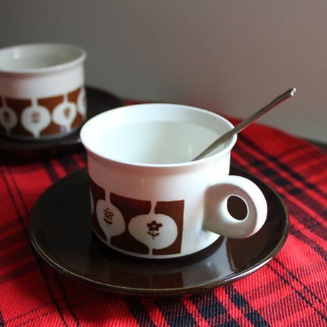 昭和レトロ　カップ＆ソーサー　ブラウン小花模様　STONEWARE　1707-3（未使用長期保管品）