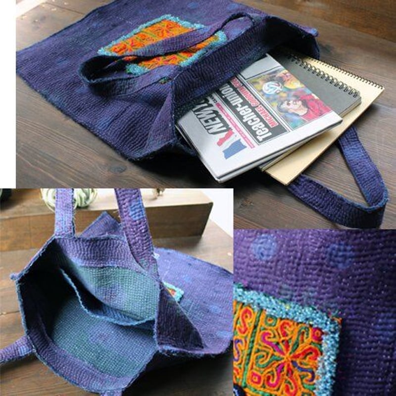 ヴィンテージ カンタ(ラリーキルト)藍染トートバッグ 刺繍 ヴィンテージ カンタ(ラリーキルト)藍染トートバッグ 刺繍