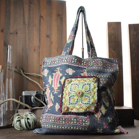 ヴィンテージ カンタ（ラリーキルト）トートバッグ 刺繍／ミラー装飾