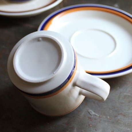 【ご予約品・購入不可】昭和レトロ　カップ&ソーサー　ブルー／イエローライン　STONEWARE CAS1707-4（未使用長期保管品）