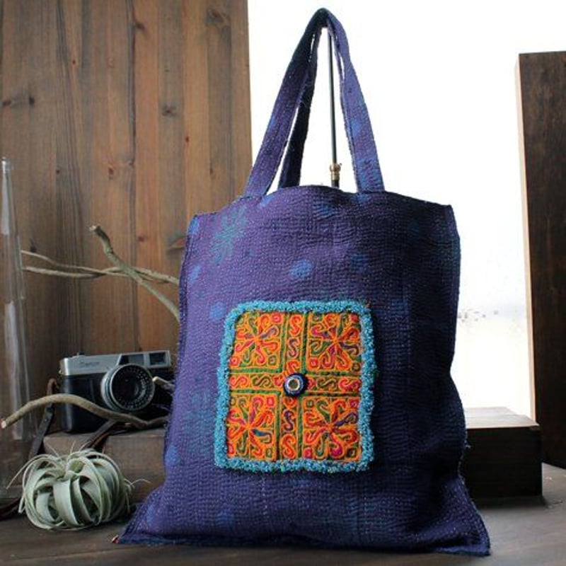 ヴィンテージ カンタ(ラリーキルト)藍染トートバッグ 刺繍 ヴィンテージ カンタ(ラリーキルト)藍染トートバッグ 刺繍