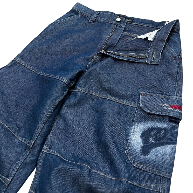 00s Pj's Surf シャイニーデニム ブラック バギー カーゴ 00s PJ'S SURF wide design denim cargo pants | 無無
