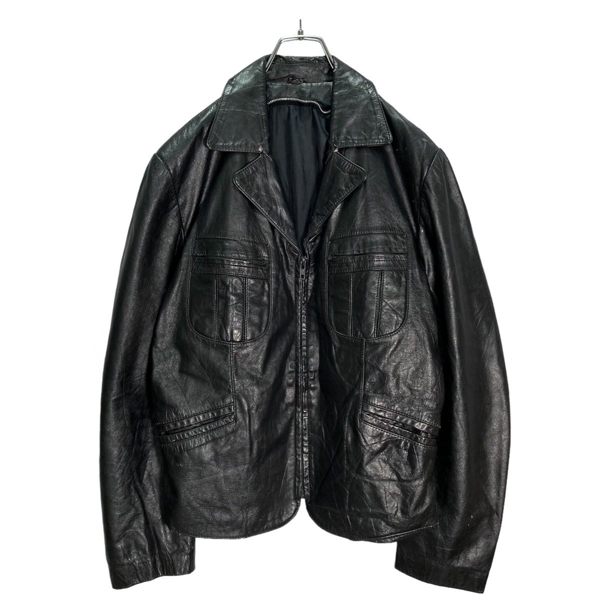 90-00s zip-up design black leather jacket | 無無
