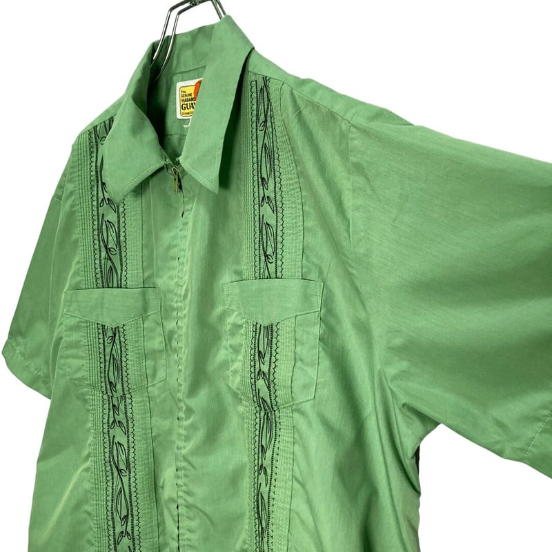 90S GUAYABERA ジップ キューバシャツ グリーン 90s vintage キューバシャツ グアヤベラシャツ ジップシャツ 緑