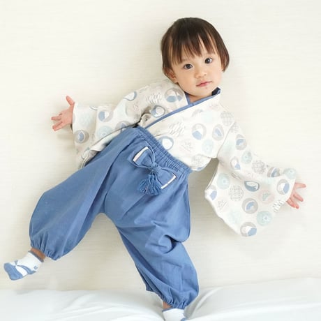 【ベビー袴】エッチングフラワーくすみブルー/クリームグレー 60-70 ベビー袴】エッチングフラワーくすみブルー/クリームグレー 60