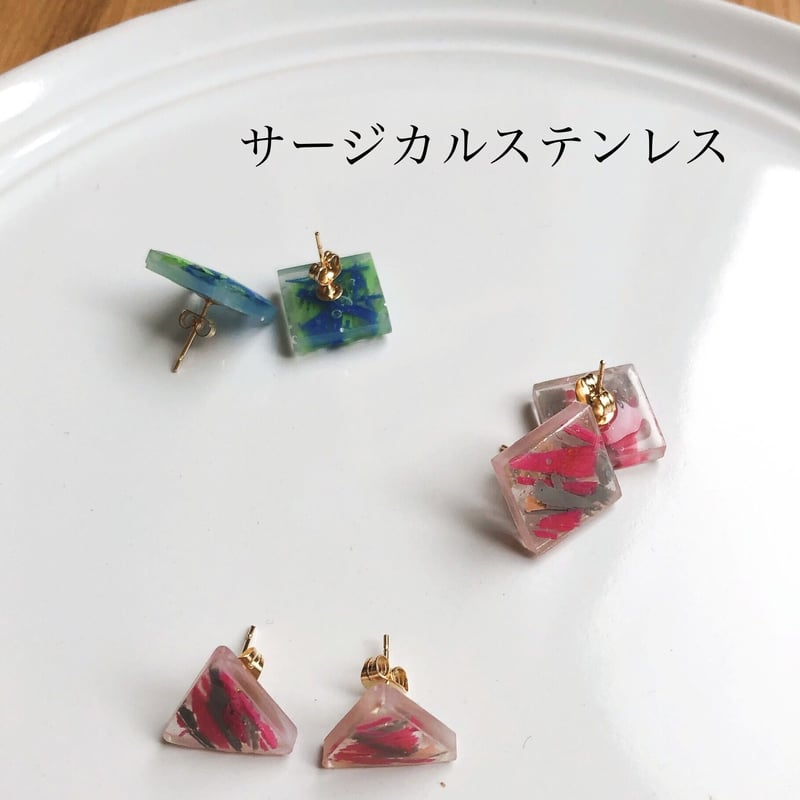 カラフルましかくアクセサリー ハンドメイドピアス&イヤリング ピンク