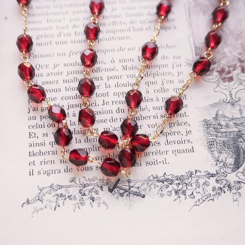 薔薇の5連ロザリオ／ローズビーズ／赤／長崎編み 長崎編みロザリオ