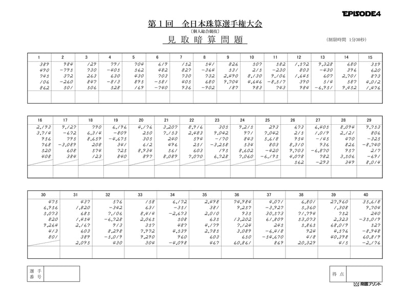 全日本珠算選手権大会 練習問題 EPISODE4 第31～40回（10回分）PDF版 | 帝國...