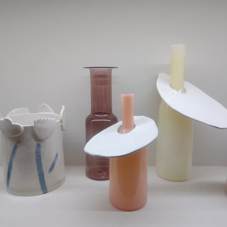 Birbira×qualia glassworks / Bottle vase with ceramic plate / Ssize