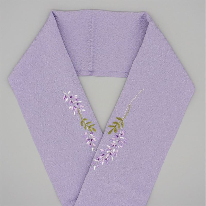 藤の花刺繍半衿　日本刺繍　サモンピンク 半衿】ピンク地 鶴に桜文 刺繍半衿 №220309Ⓓ | 大山キモノ・ち
