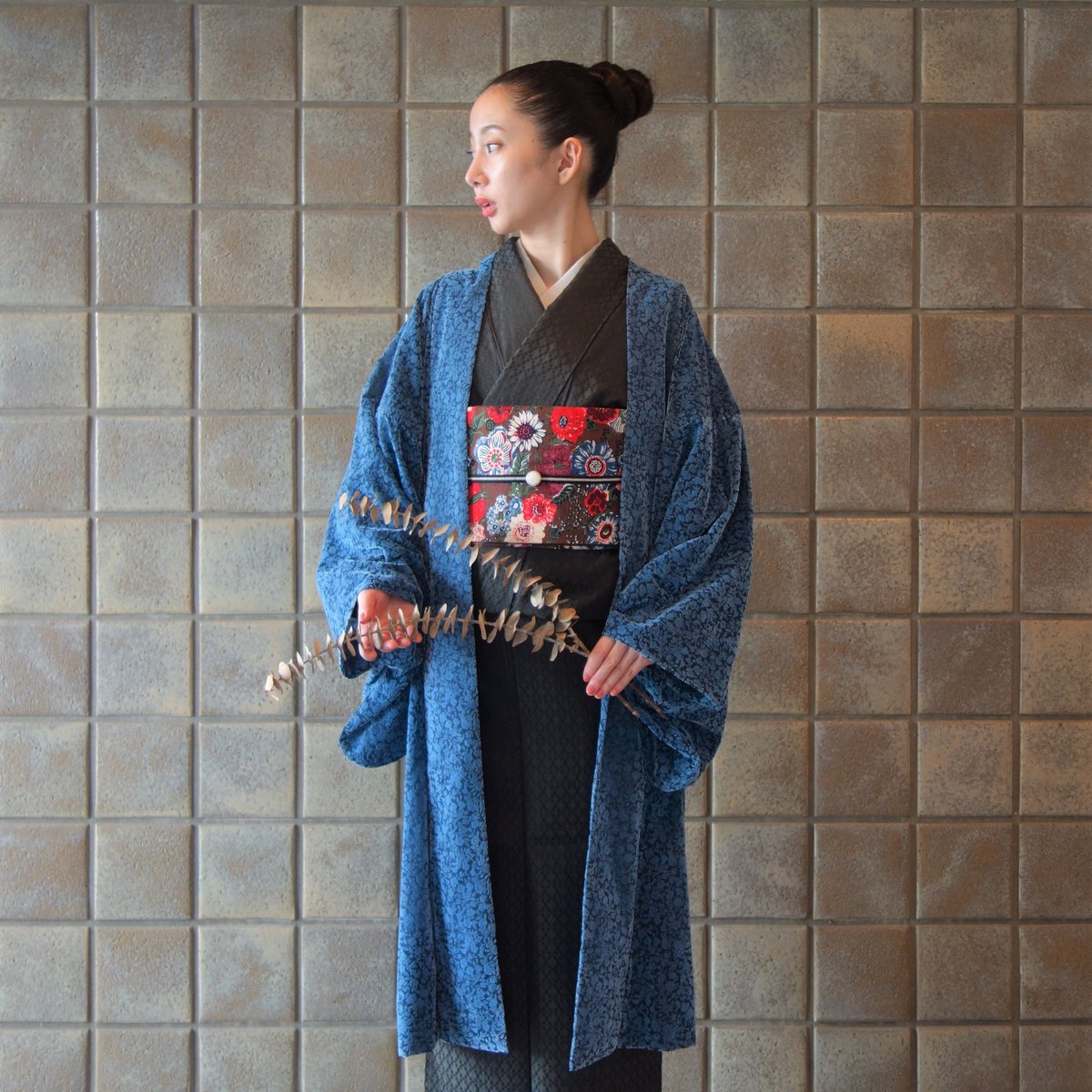 変り羽織(単衣）「ビロードフラワー／ブルー」 | 着物ショップKosode
