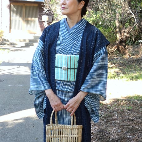 麻着物「小格子」／ブルー