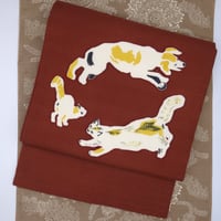 ハンドメイドオリジナル犬猫イラスト綿名古屋帯　新品 名古屋帯 八寸名古屋帯 ポリエステル 黒地に犬柄 お太鼓柄 オリジナル